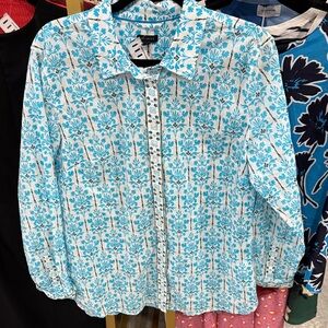 Talbots White & Turquoise Floral Button-Up Shirt